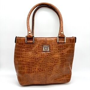 Anne‎ Klein Satchel Tote Bag Faux Crocodile Leather Brown Top Handle Purse